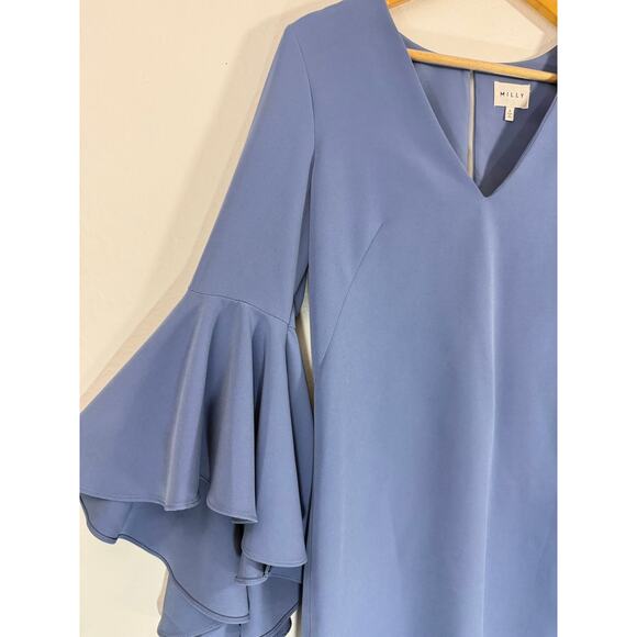 Milly Nicole Dress Blue Italian Crepe Bell Sleeve Shift V-Neck Sz 4 - Picture 9 of 12